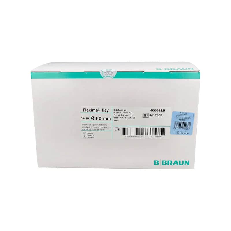 Bolsas de ileostomía, sistema de doble placa con acoplamiento adhesivo Flexima Key abierta, sistema con flujo transparente (60 mm, 30 + 10 unidades)